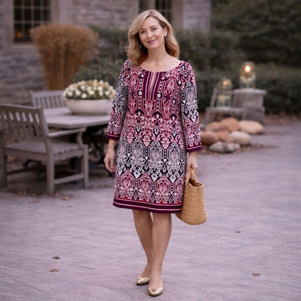 Laundry By Design Red Black Geometric Shift Dress Sz 12 | Retro Boho 3/4 Sleeve